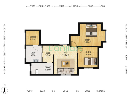 科新花园B区 2室1厅1卫 88平方