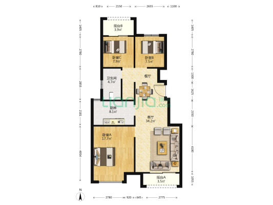 康桥林语镇 3室1厅1卫 106平方