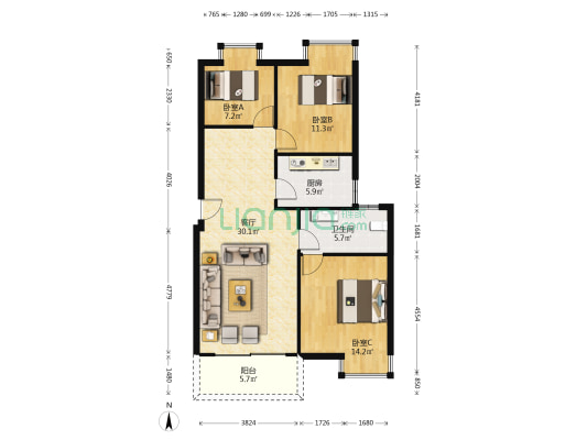 龙居沃城 3室1厅1卫 92平方