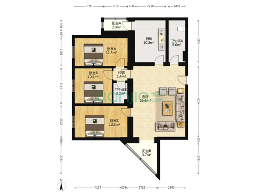 北新街 3室1厅2卫 127平方