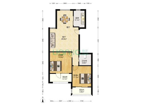 中国铁建国际城 2室1厅1卫 86平方
