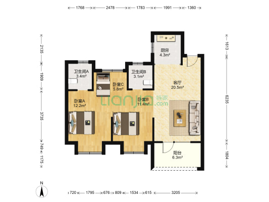 中梁海志府 3室1厅2卫 91平方