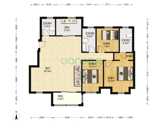 金地自在城 3室1厅3卫 120平方
