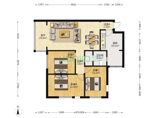 旅游学校家属楼 3室1厅1卫 103平方