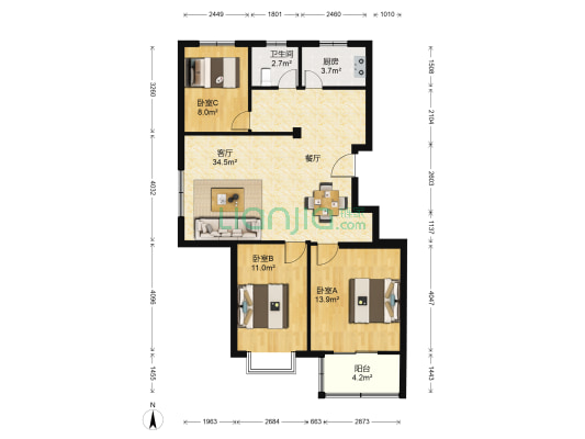 仙枰苑 3室1厅1卫 102平方