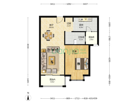 九鼎东方花园南区 1室1厅1卫 86平方