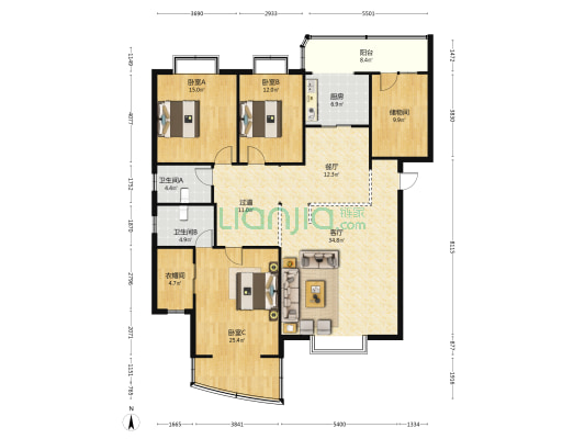 宏业电力公寓 3室2厅2卫 166平方