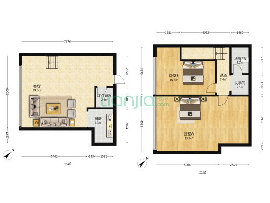 悠活公园 2室1厅3卫 61平方