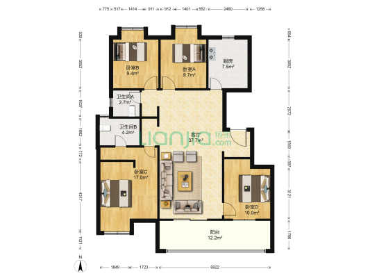 绿地城北岛孝贤坊 4室1厅2卫 136平方