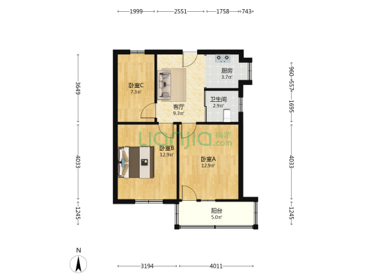钢红中区 3室1厅1卫 67平方