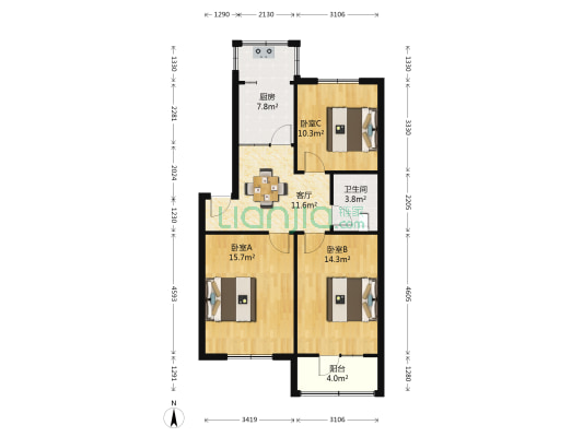 西安东方大酒店 3室1厅1卫 82平方