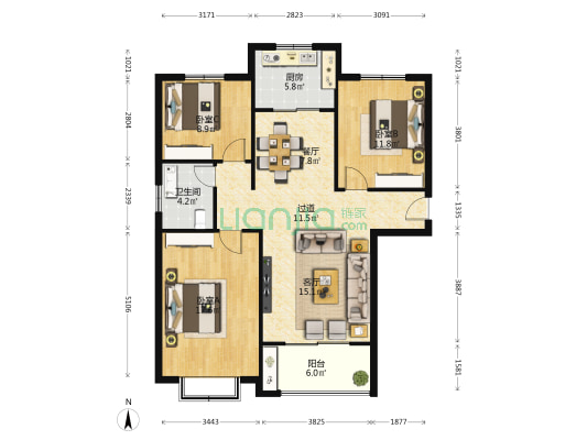 颍滨上城 3室2厅1卫 118平方