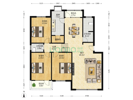 湖北省统计局住宅小区 3室1厅2卫 133平方