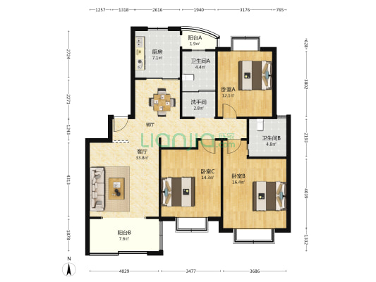 协通公寓 3室1厅3卫 123平方