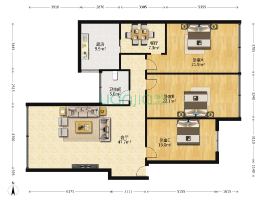 银佳花园 3室2厅1卫 144平方