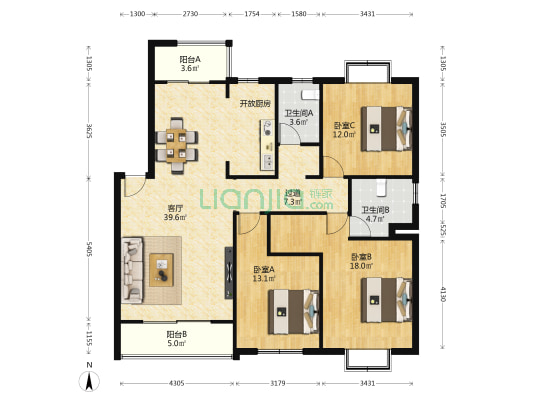 长水航城航惠苑 3室1厅2卫 122平方
