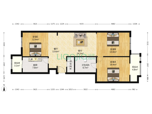 书香园 3室2厅2卫 126平方