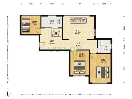 瑞景国际公寓 3室2厅1卫 107平方