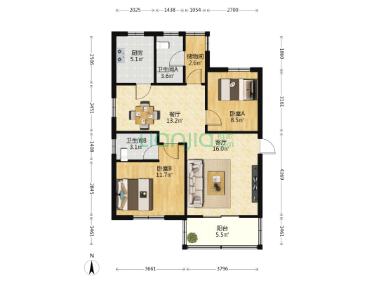 东大金星花苑 2室2厅2卫 81平方