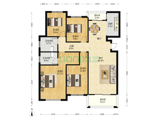 绿地香湖湾6号院 4室1厅2卫 140平方