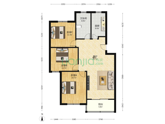 闵环花苑 3室1厅1卫 110平方