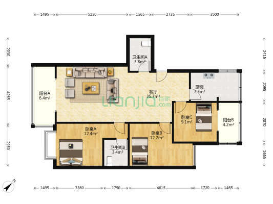 九里西苑C区 3室1厅2卫 107平方
