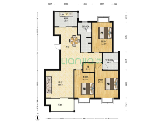 东方嘉园 3室1厅2卫 134平方
