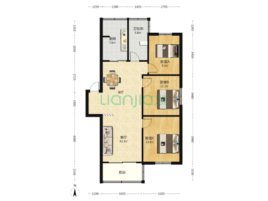 玉乳泉小区 3室1厅1卫 105平方