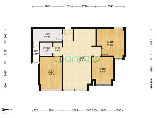 飞大壹号广场 3室1厅1卫 95平方
