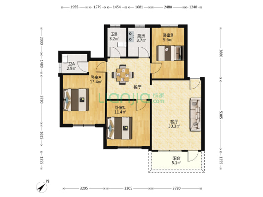 映月新村 3室1厅2卫 96平方