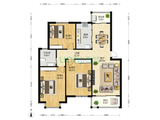 张镇家园D区155-198 3室1厅1卫 118平方