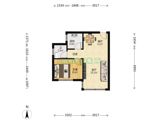 广福花园 1室2厅1卫 45平方