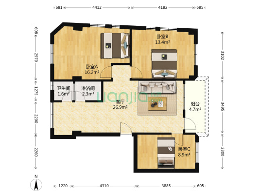 渔珠楼 3室1厅2卫 87平方