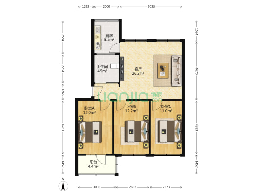 新园小区 3室1厅1卫 80平方