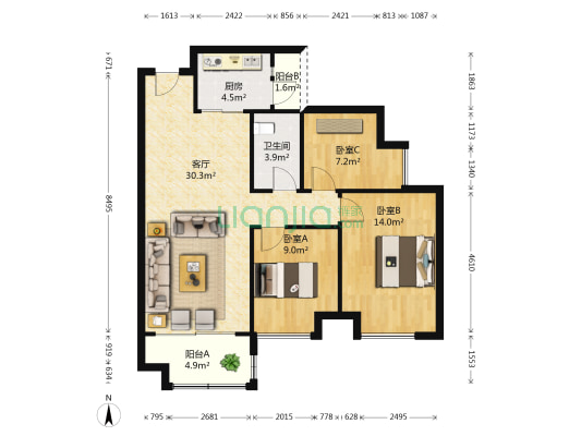 清远保利天汇 3室1厅1卫 90平方