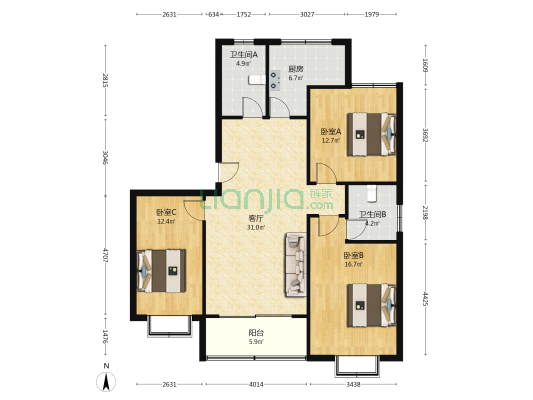 滨湖西苑 3室1厅2卫 129平方