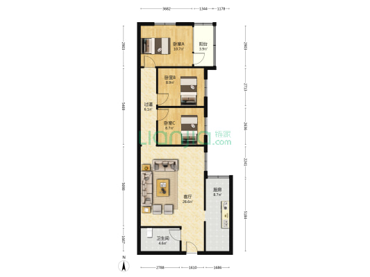 民航金盘公寓 3室1厅1卫 86平方