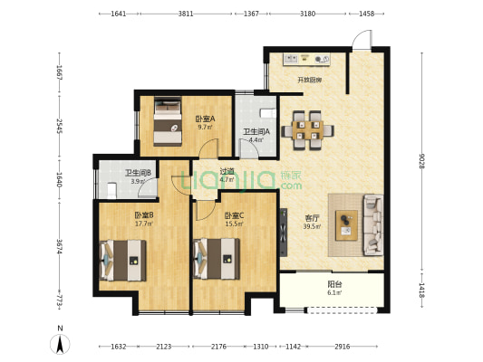 长水航城云粹苑 3室1厅2卫 122平方