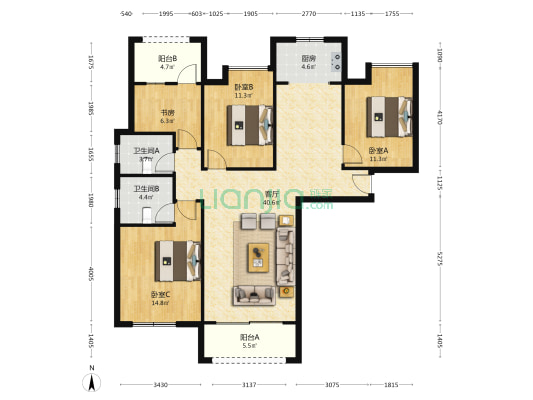 辉煌时代 4室1厅2卫 138平方