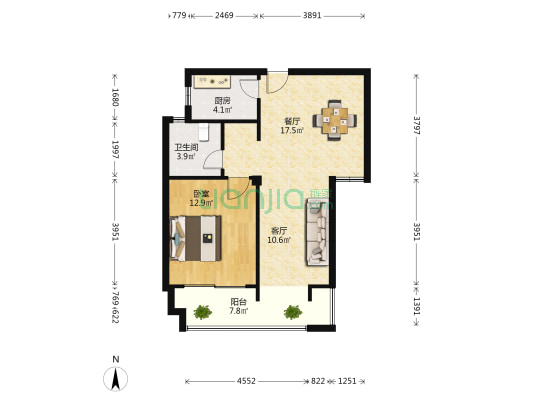 文教公寓 1室2厅1卫 69平方