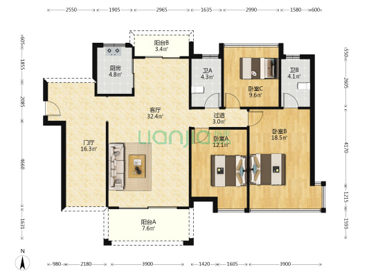 朗月华庭 3室1厅2卫 124平方