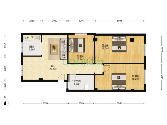 新华公寓 3室1厅1卫 106平方