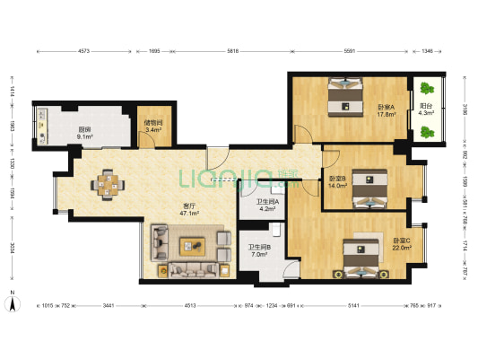 东塔大厦 3室1厅2卫 163平方