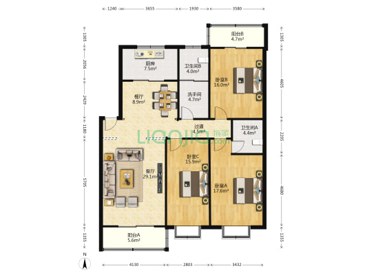 紫竹苑小区 3室2厅3卫 141平方