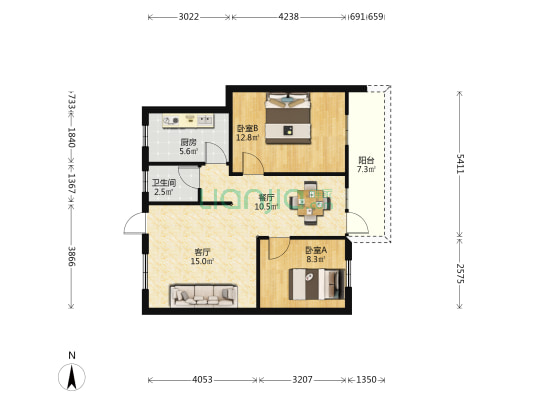 为农小区 2室2厅1卫 70平方