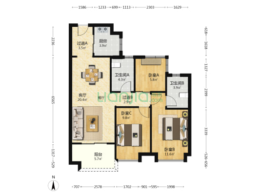 保利和光晨樾二期 3室1厅2卫 91平方