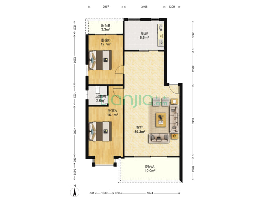 濠东花园 2室1厅1卫 110平方