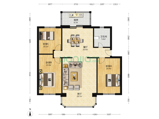 向阳小区 3室2厅1卫 128平方