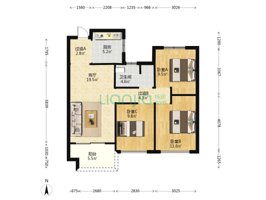 美的公园天下 3室1厅1卫 93平方