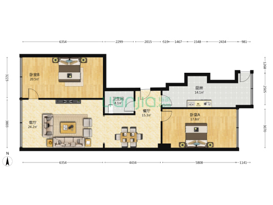 永利金色花园 2室2厅1卫 131平方
